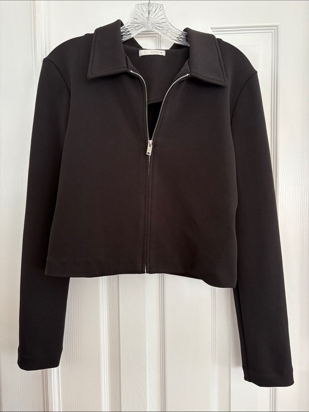 ZARA Black Women's Zip-Front weighted stretchy cropped Jacket blazer Size Large